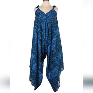 Blue Printed Handkerchief-Hem Romper Jumpsuit